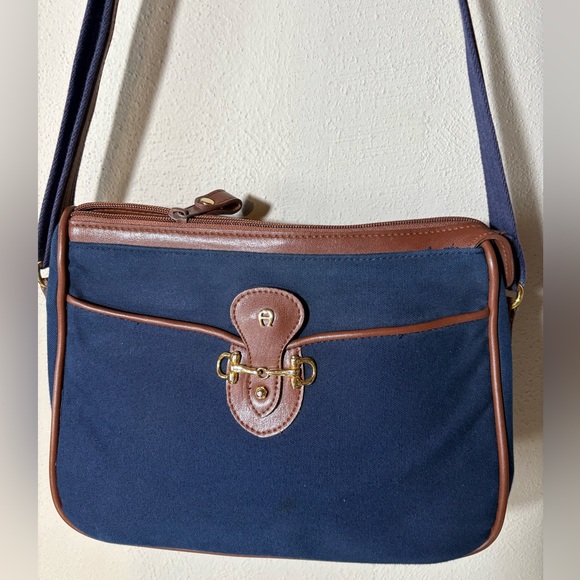 Etienne Aigner Handbags - Aigner Navy Canvas and Brown Trim 12”x 9” Tall  Extra long Crossbody Strap